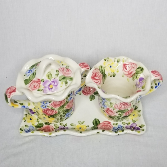 English Garden Creamer Sugar with Lid & Tray Set Tabletops Unlimited Don Swanson - Picture 4 of 13